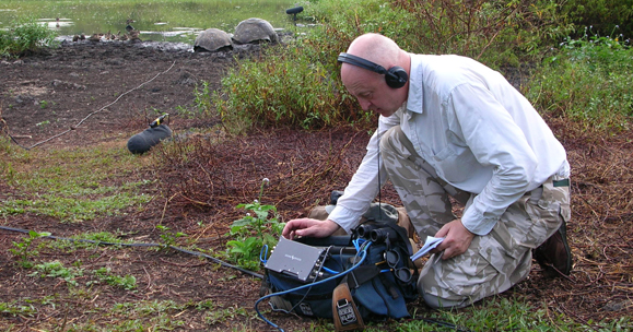 Chris Watson recording in the field. Photo: Donald Strydom, courtesy of Touch Music.